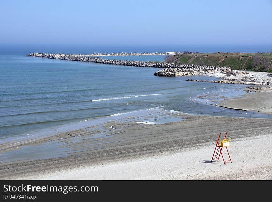 Panorama sea and curved dam in Mangalia resort near Constanta in Southern Romania