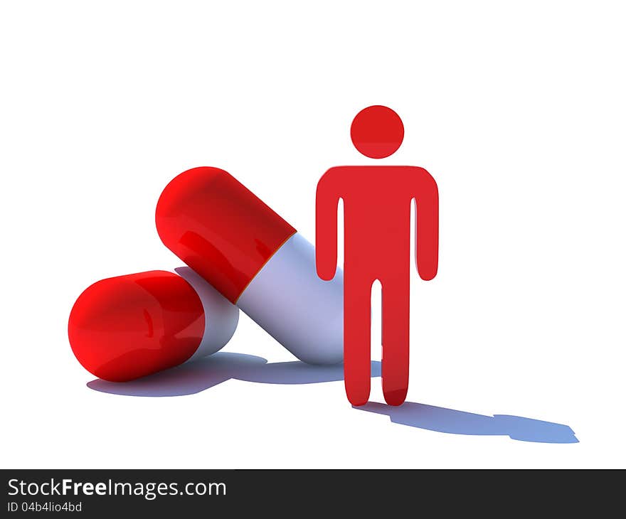 Red man against the background of pills. Red man against the background of pills