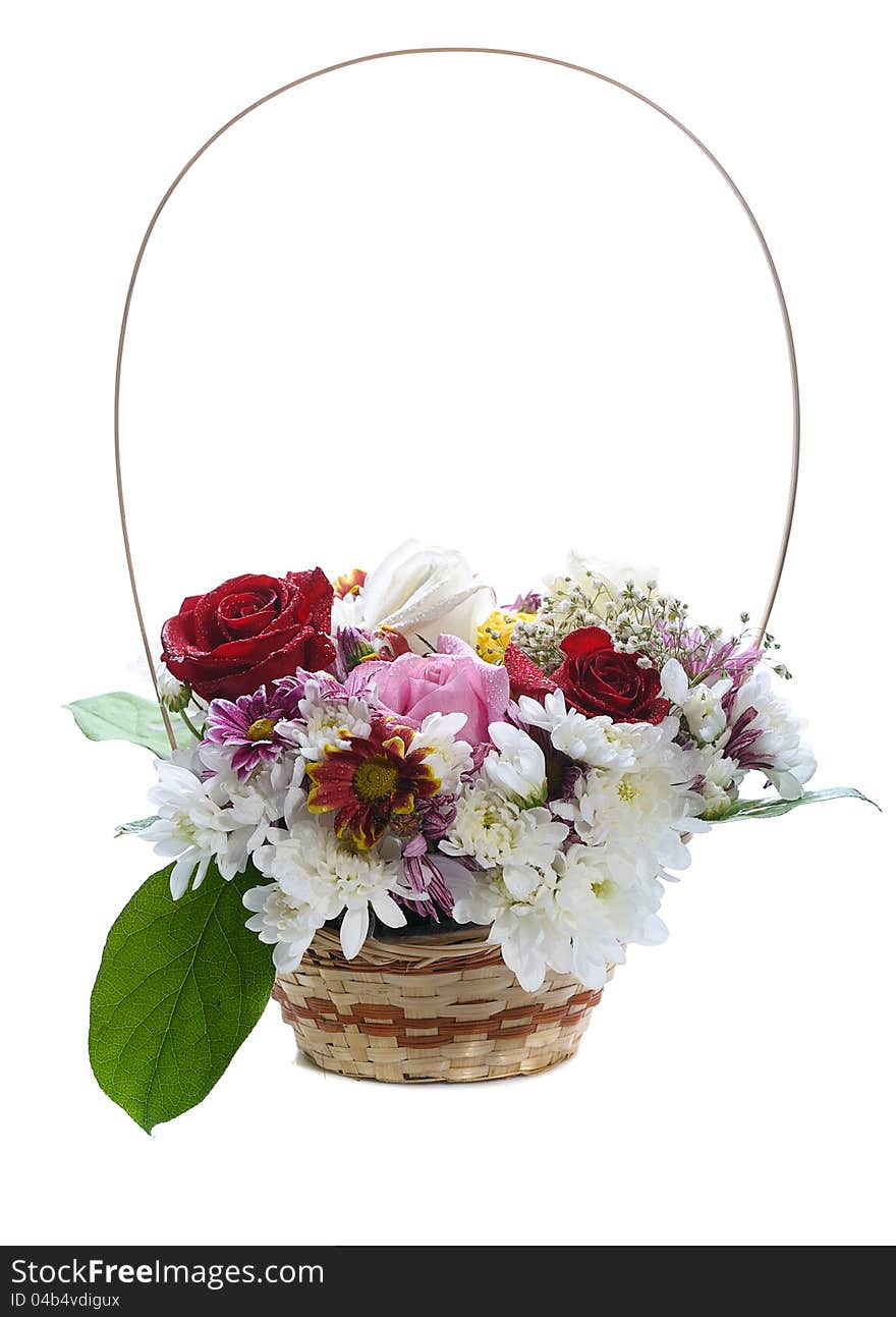 Basket with flowers on white background. Basket with flowers on white background