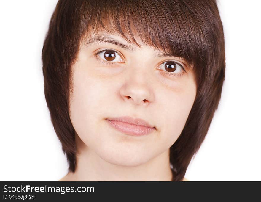 Macro young cute woman, isolated on white background, close up