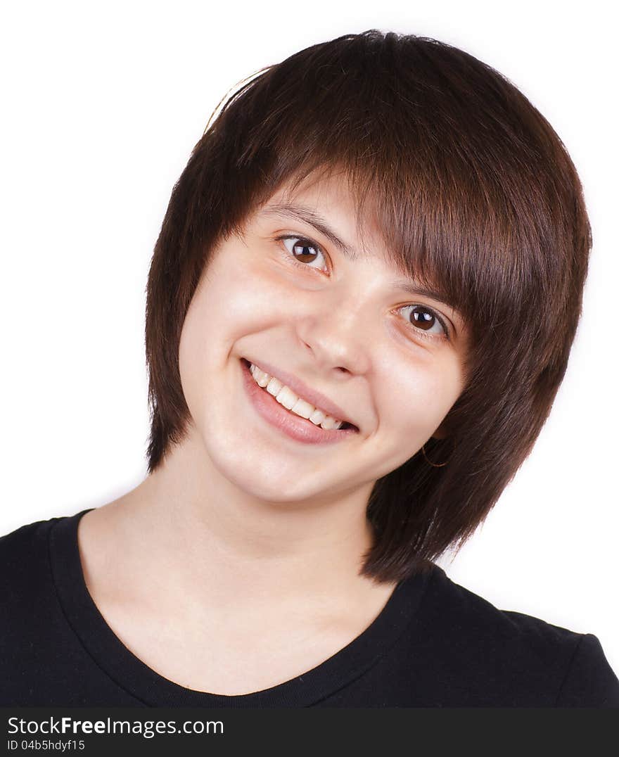 Close up portrait of happy teenager isolated on white background