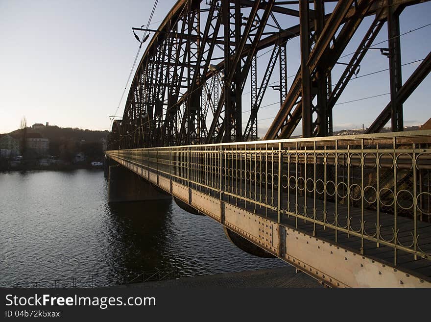 Detail of metal railway bridge over river Vltava in Prague. Detail of metal railway bridge over river Vltava in Prague