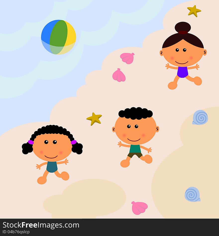 Beach scene composed of a group of cute cartoon kids playing and running. Beach scene composed of a group of cute cartoon kids playing and running