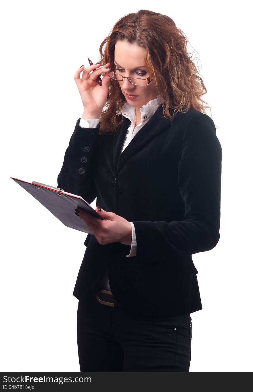 Elegant serious business woman looking at documents isolated on white. Elegant serious business woman looking at documents isolated on white.