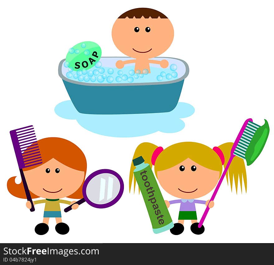 Set of cartoon kids showing different ways to clean our body. Set of cartoon kids showing different ways to clean our body