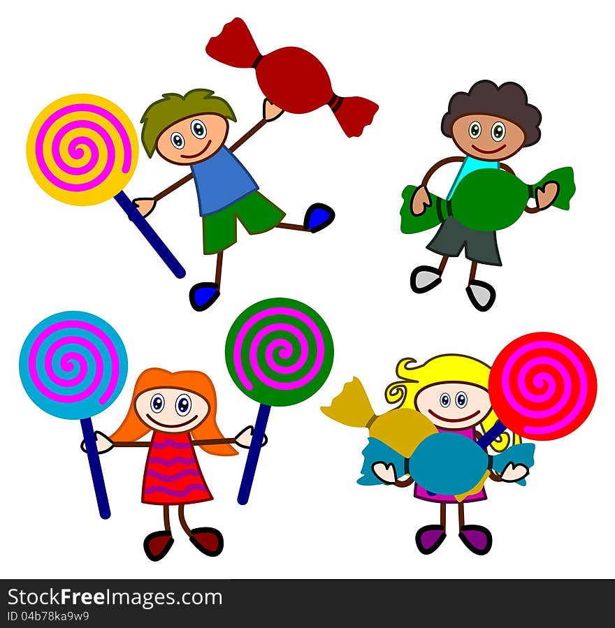 Group of happy kids holding giant lollipops and candies. Group of happy kids holding giant lollipops and candies