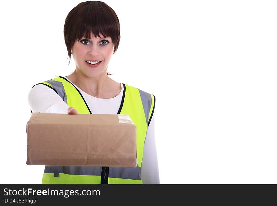 Image of a  delivery woman offering you your parcel