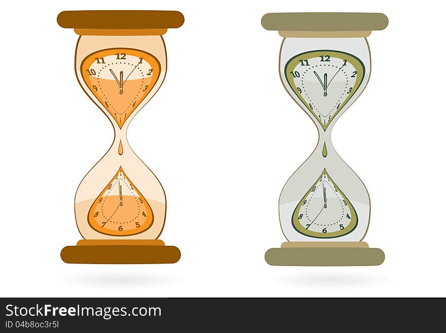 Abstract sand Hourglass with wall clocks inside as time passing metaphor, vector illustration