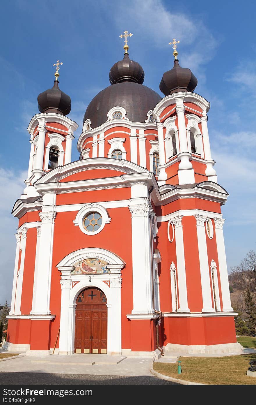 Red church in the moldavian village