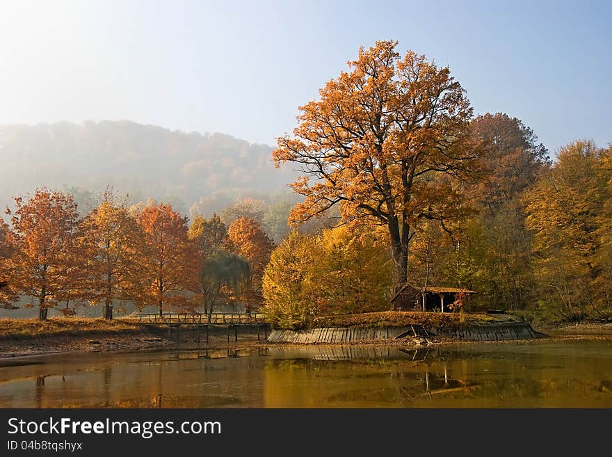 Beautiful autumn landscape with coloured trees and Isle of Fishermen's Bastion