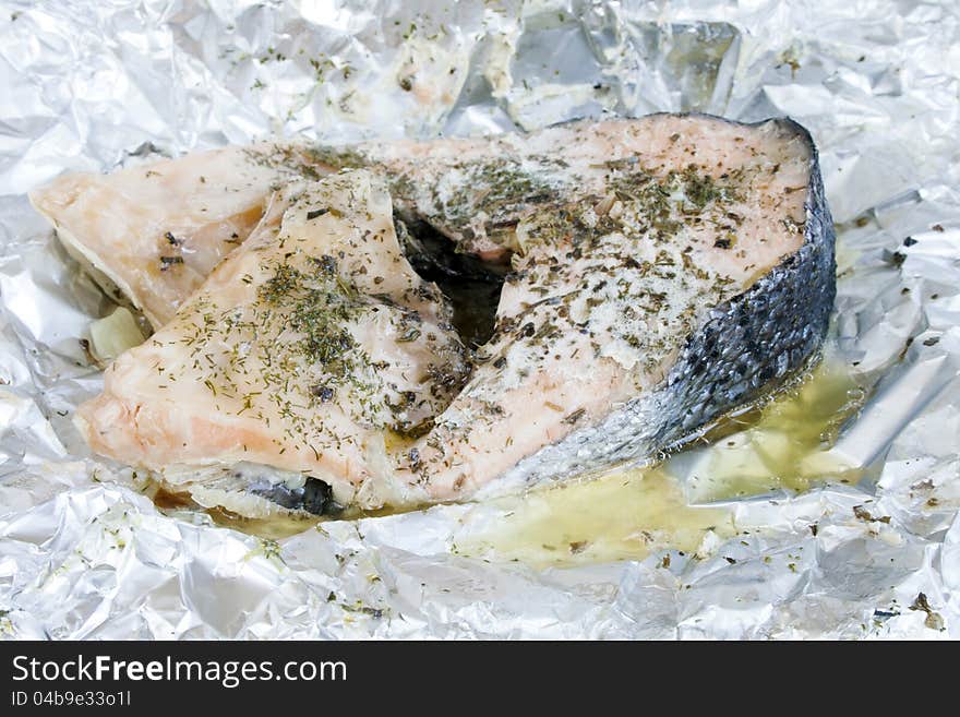 Salmon baked in aluminum foil. Salmon baked in aluminum foil