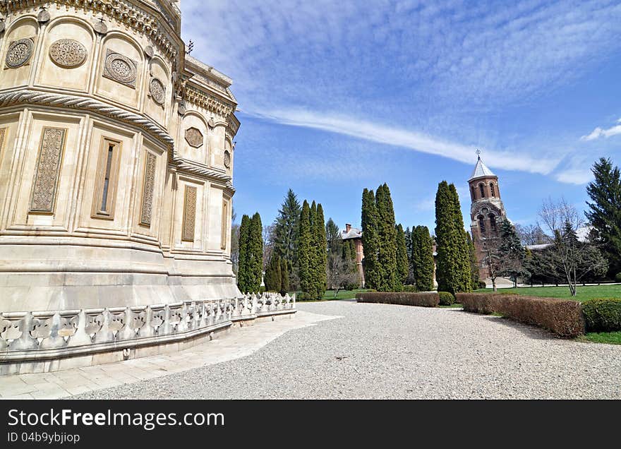 Curtea de Arges church facade garden near Bucharest in Romania. Curtea de Arges church facade garden near Bucharest in Romania