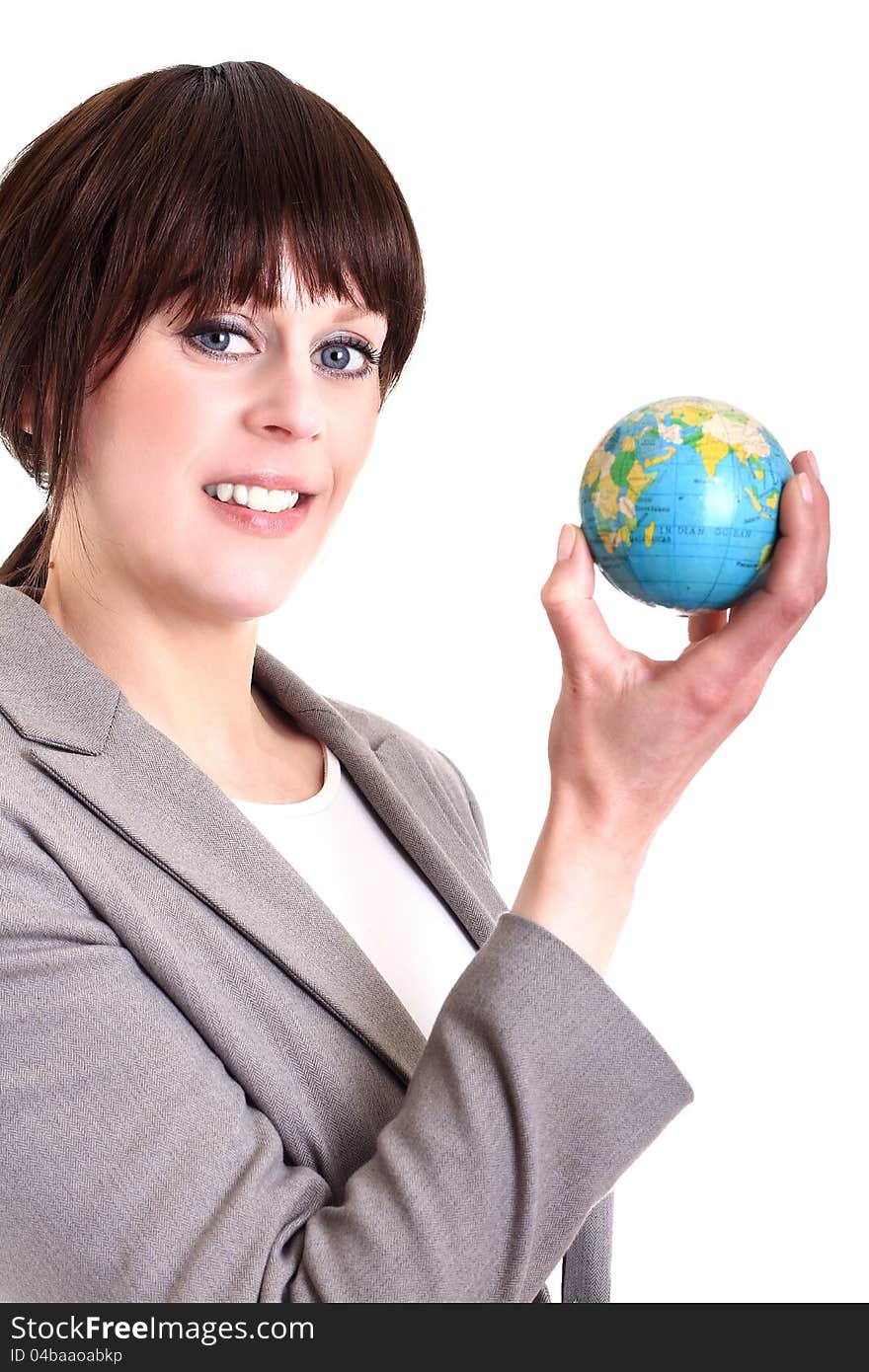 Image of a business woman holding a globe