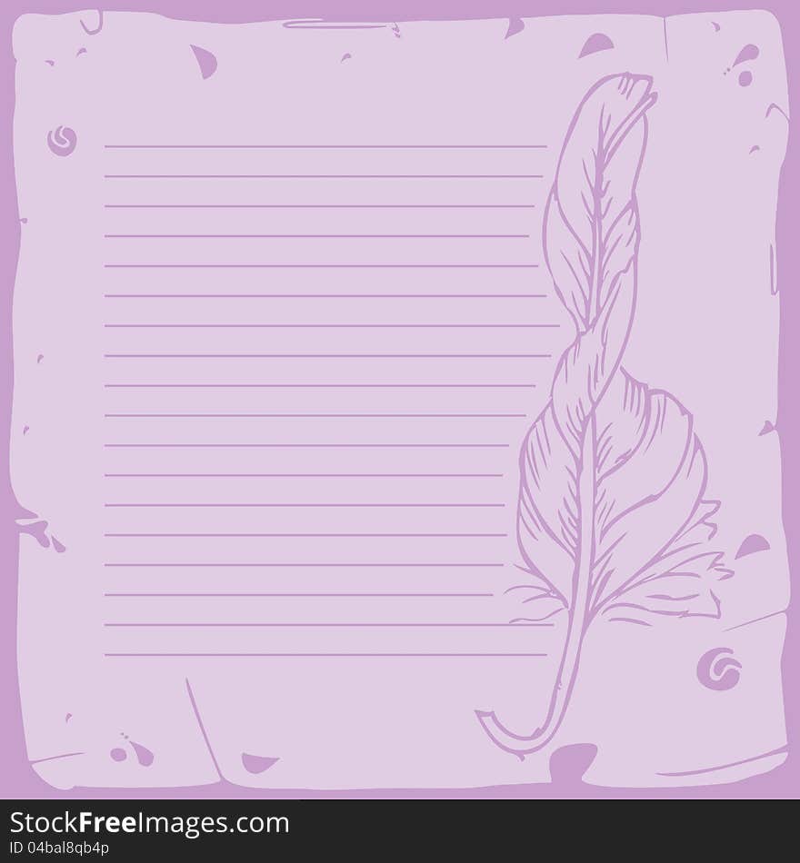 Lined sheet of paper with feather- purple combination