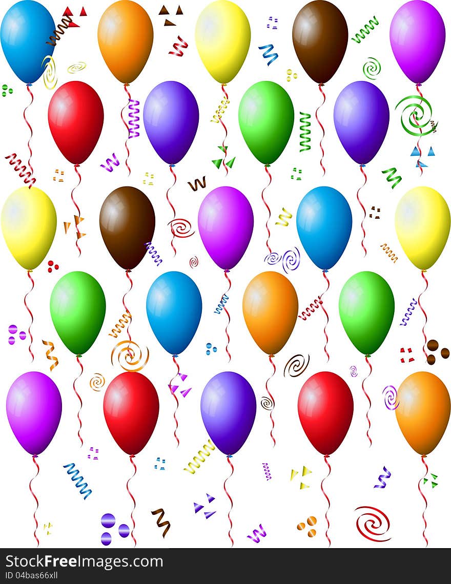 Many balloons and confetti on a white background. Many balloons and confetti on a white background