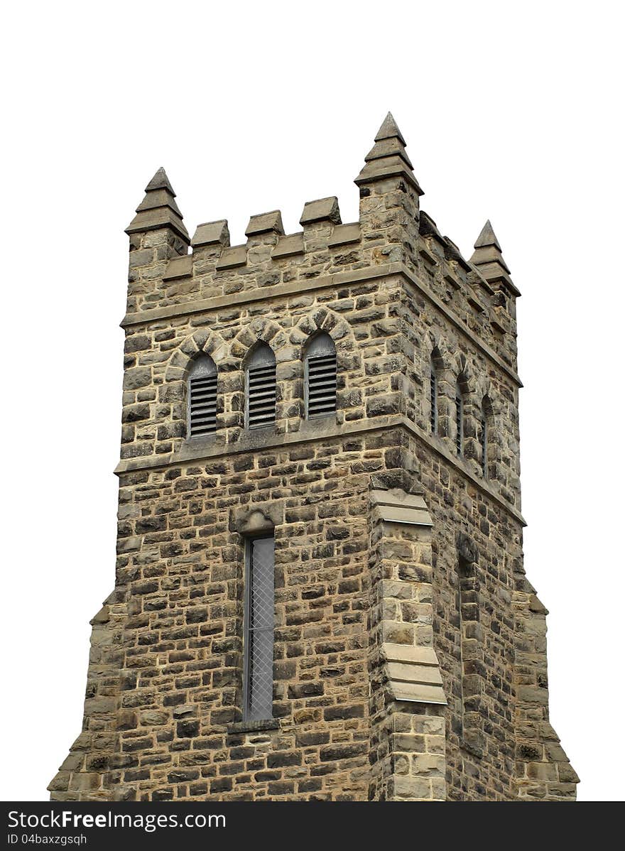 Close-up of the top of a square stone block fortress type tower.  Isolated on white. Close-up of the top of a square stone block fortress type tower.  Isolated on white.