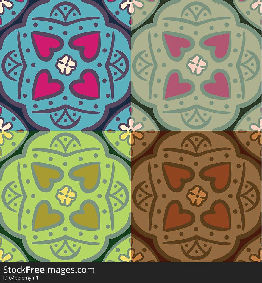 Seamless ornate backgrounds with hearts. Four color versions.