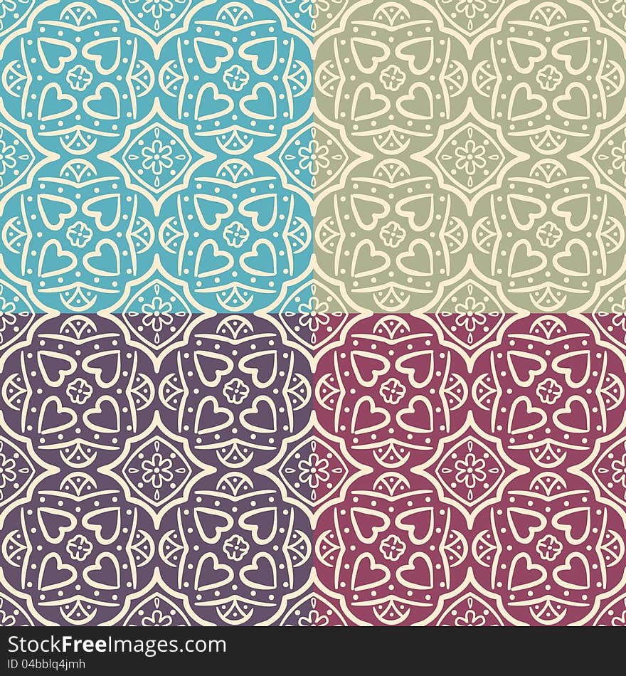 Seamless ornate background with hearts. Four colors version. Seamless ornate background with hearts. Four colors version.