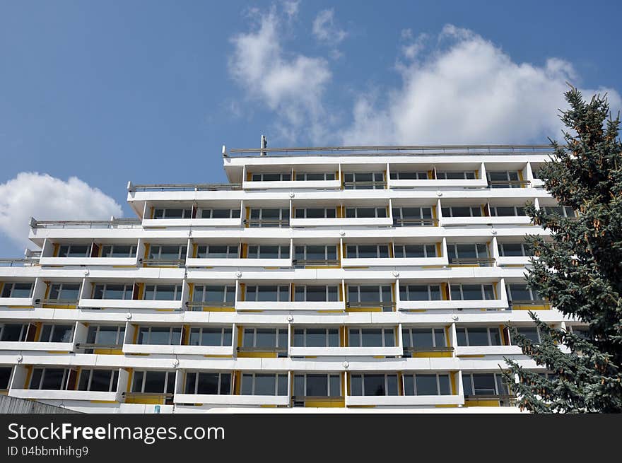 Modern white architecture and balcony in Olimp resort near Constanta city in Romania on the Black sea coast. Modern white architecture and balcony in Olimp resort near Constanta city in Romania on the Black sea coast