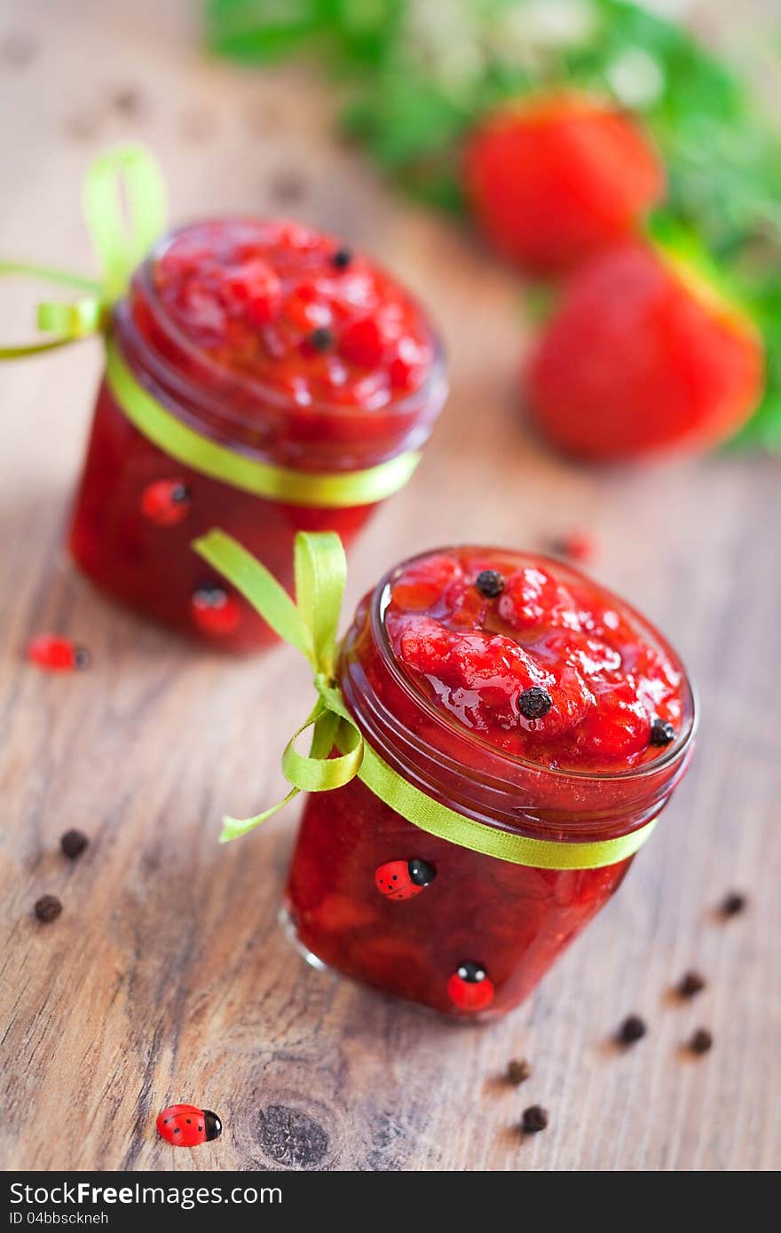 Strawberry and black pepper jam, selective focus