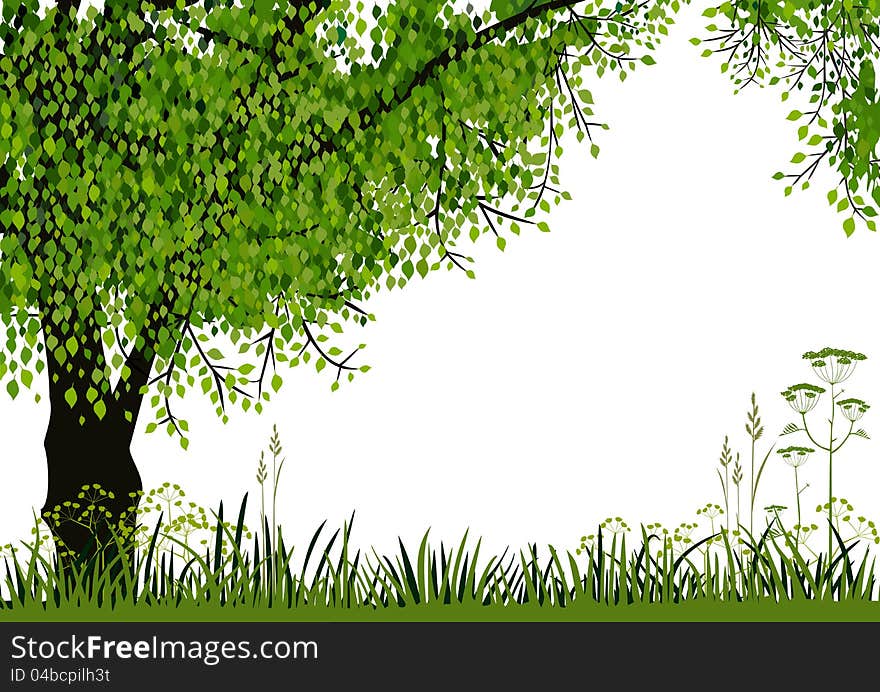 Green tree and meadow on white background with space for your text. Full scalable vector graphic. Green tree and meadow on white background with space for your text. Full scalable vector graphic