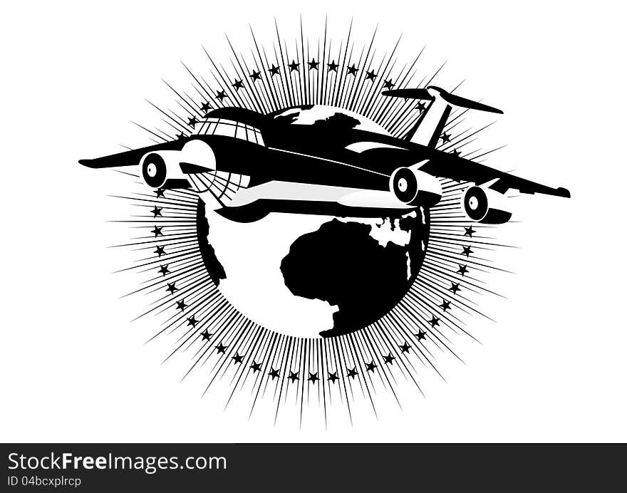 A passenger airliner in the background of the Earth. Black and white illustration. A passenger airliner in the background of the Earth. Black and white illustration.