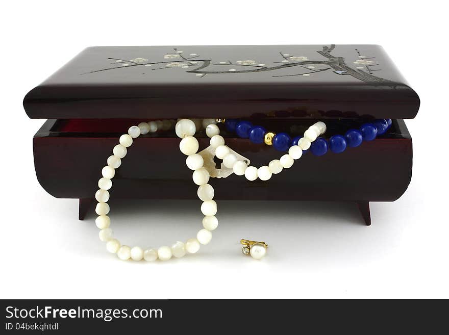 Jewelry box with pearl necklaces falling