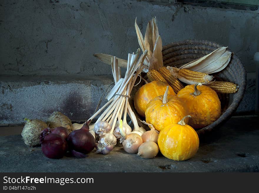 Still life of harvest crops in front of a concrete wall. Still life of harvest crops in front of a concrete wall.