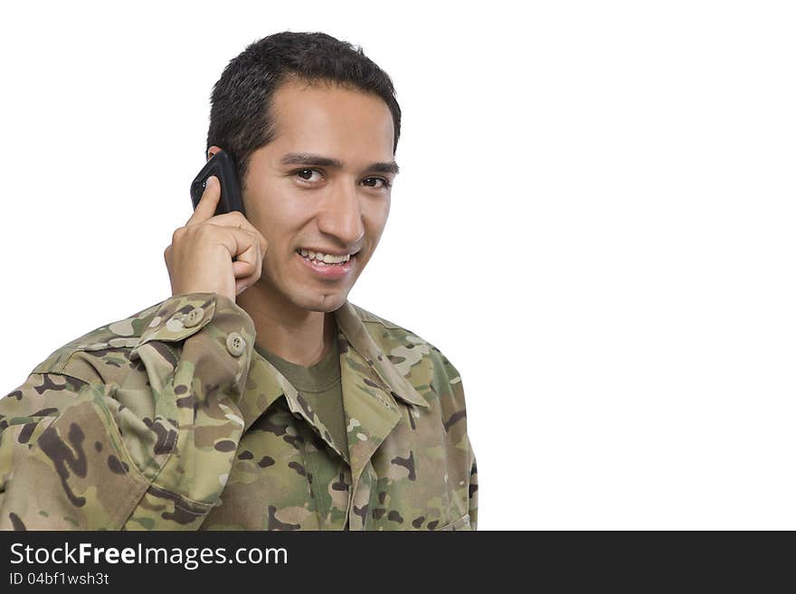 Hispanic Serviceman on the Phon. Hispanic Serviceman on the Phon