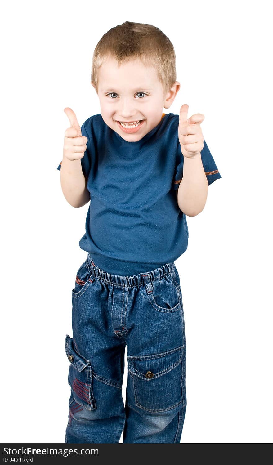 Happy boy shows the sign OK on a white background