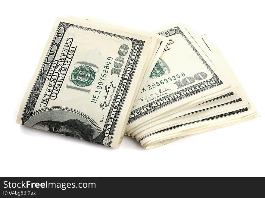 Stack of one hundred dollar bills U.S. on white background. Stack of one hundred dollar bills U.S. on white background