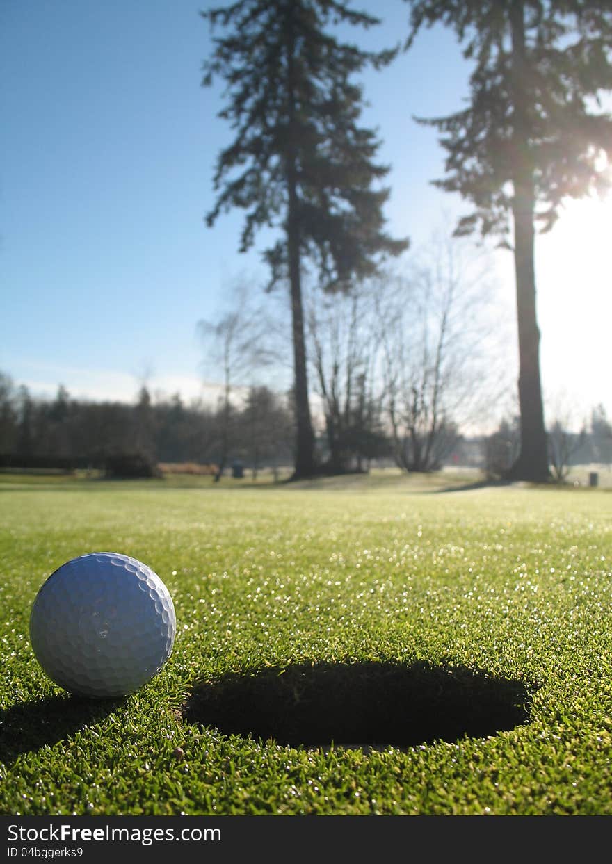 Photo of golf ball on the green beside the hole.