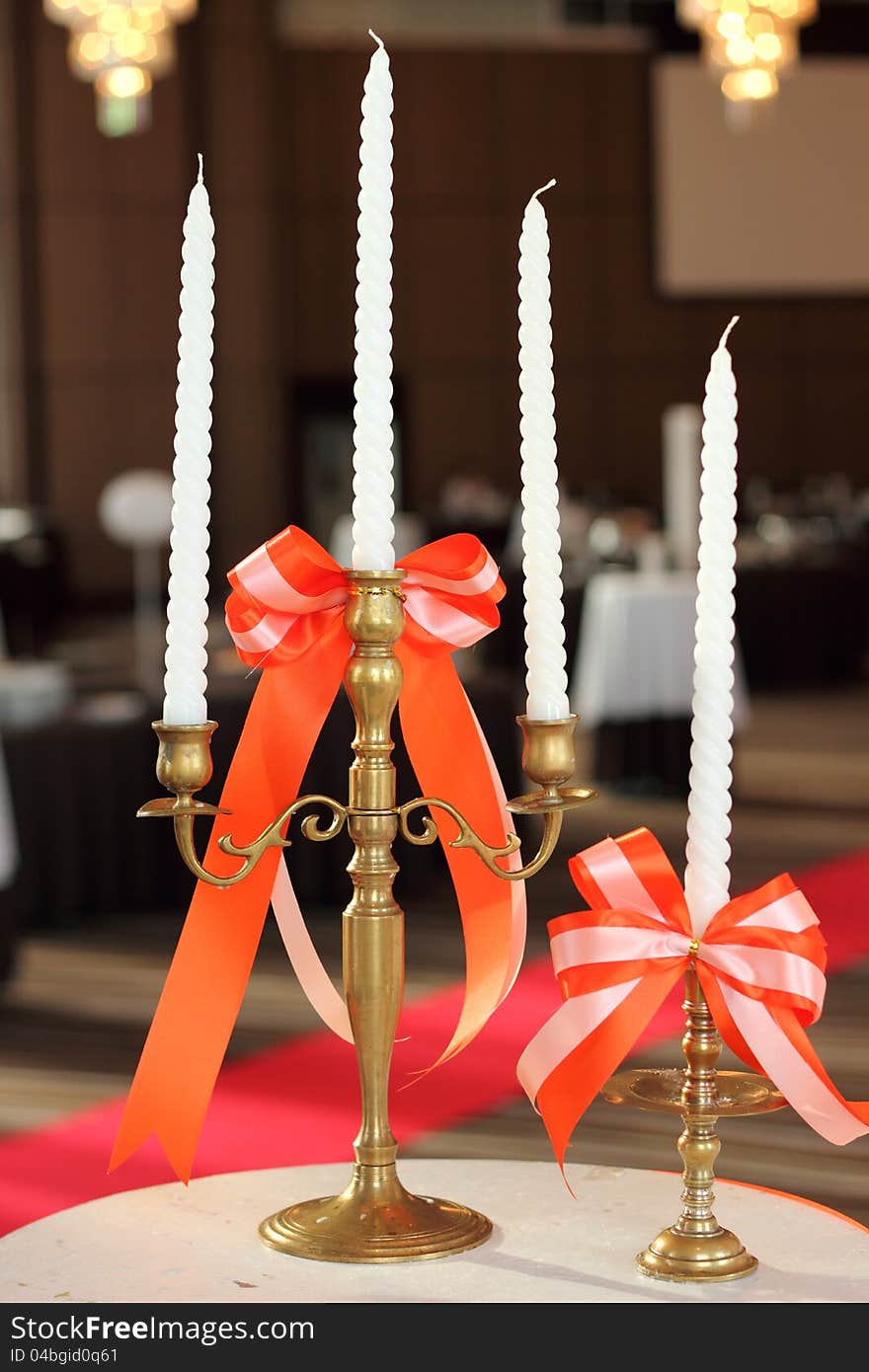 Wedding candle on table with Ribbon