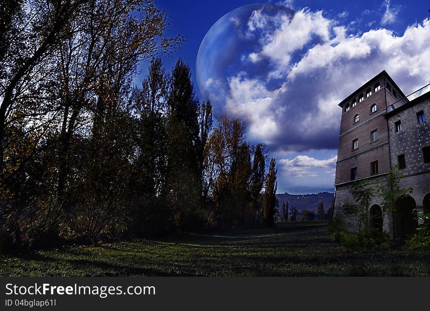 Night setting with forest, old house and cloudy sky, matte painting. Night setting with forest, old house and cloudy sky, matte painting