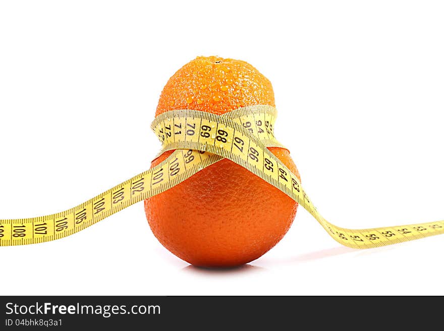 Orange with measuring tape  on white background. Orange with measuring tape  on white background