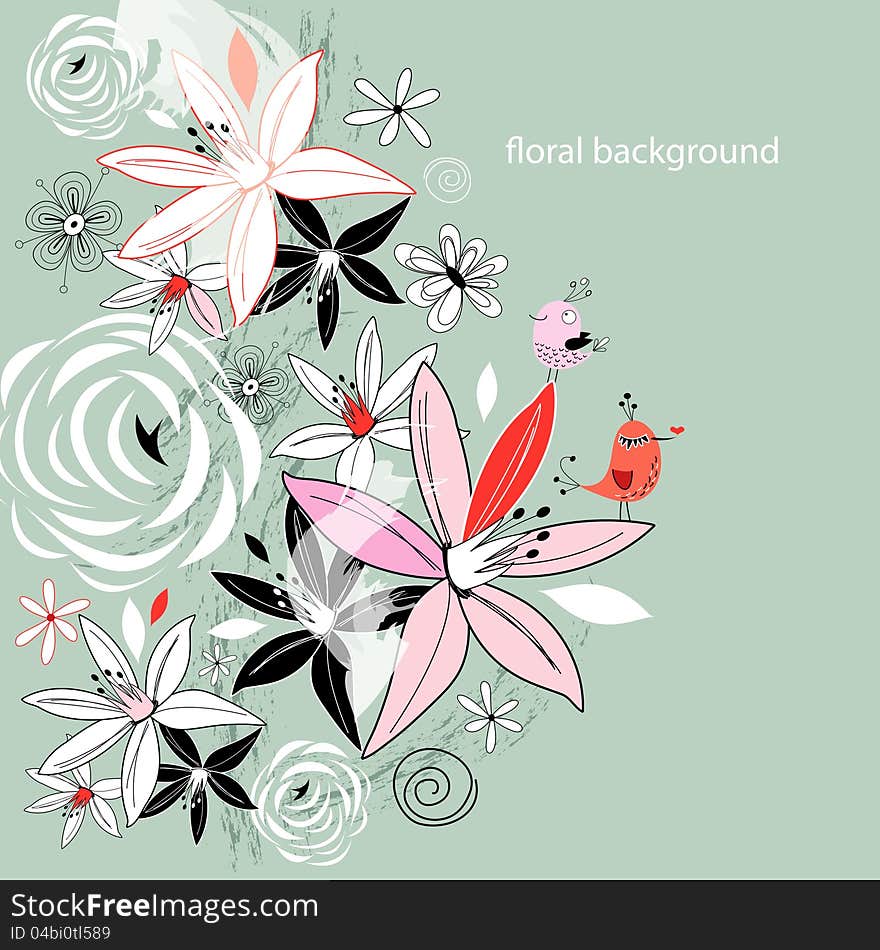 Bright graphic floral background with birds on a light blue