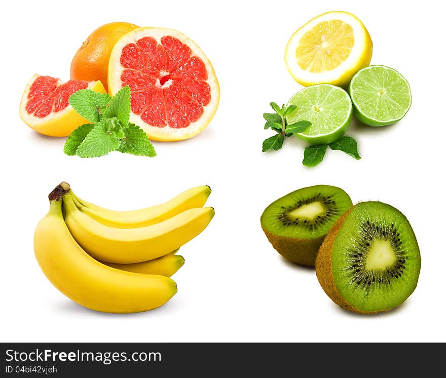 Collage of tropical fruits on a white background