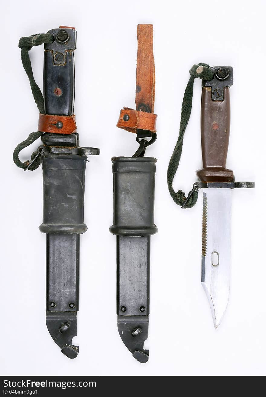 Egyptian bayonets for the Maadi AK47 AKM rifle. The scabbard and blade can be used as a wire cutter.