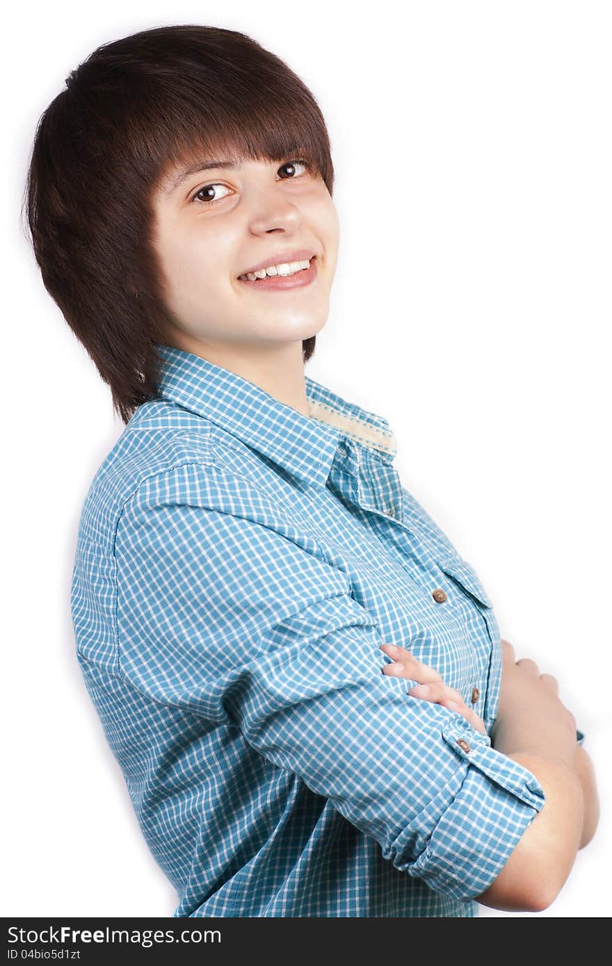 Portrait of happy young woman isolated on white background