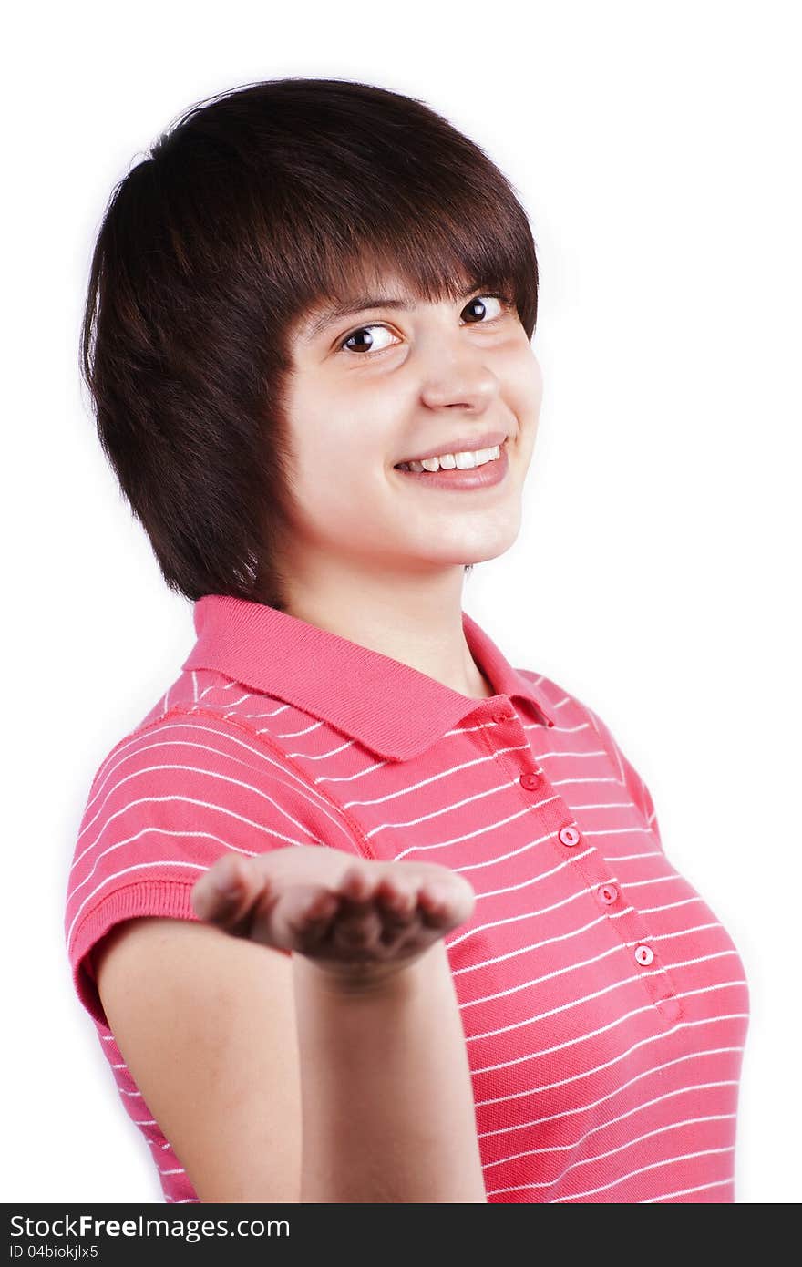 Happy teenager holding hand isolated on white background