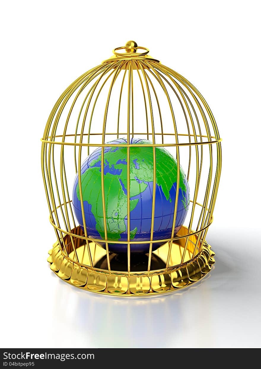 3D render of earth trapped in golden cage. 3D render of earth trapped in golden cage