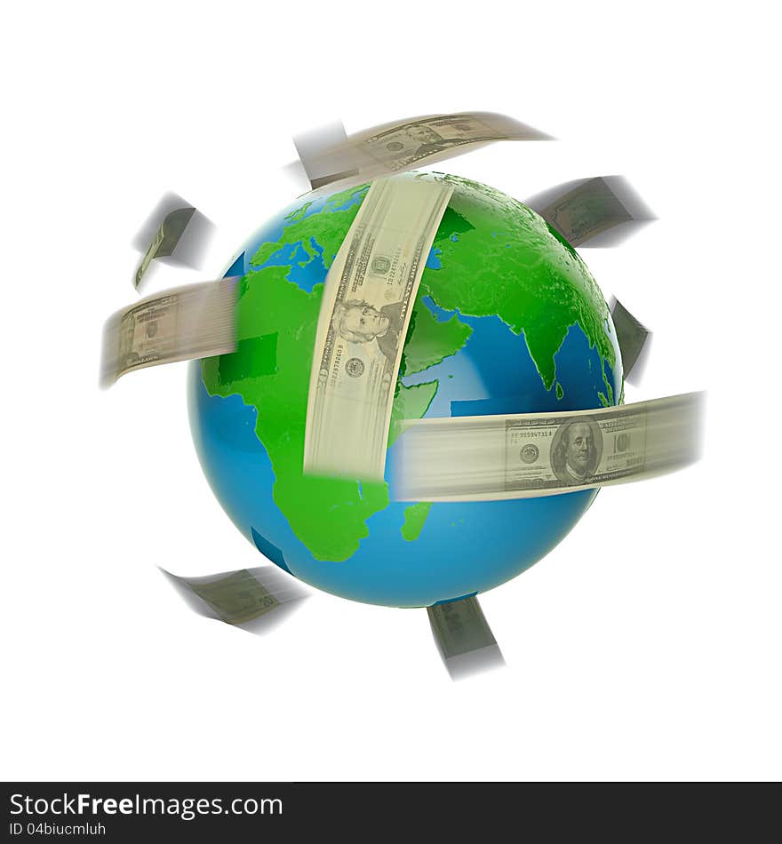 3D render of flying dollar bills around world. 3D render of flying dollar bills around world