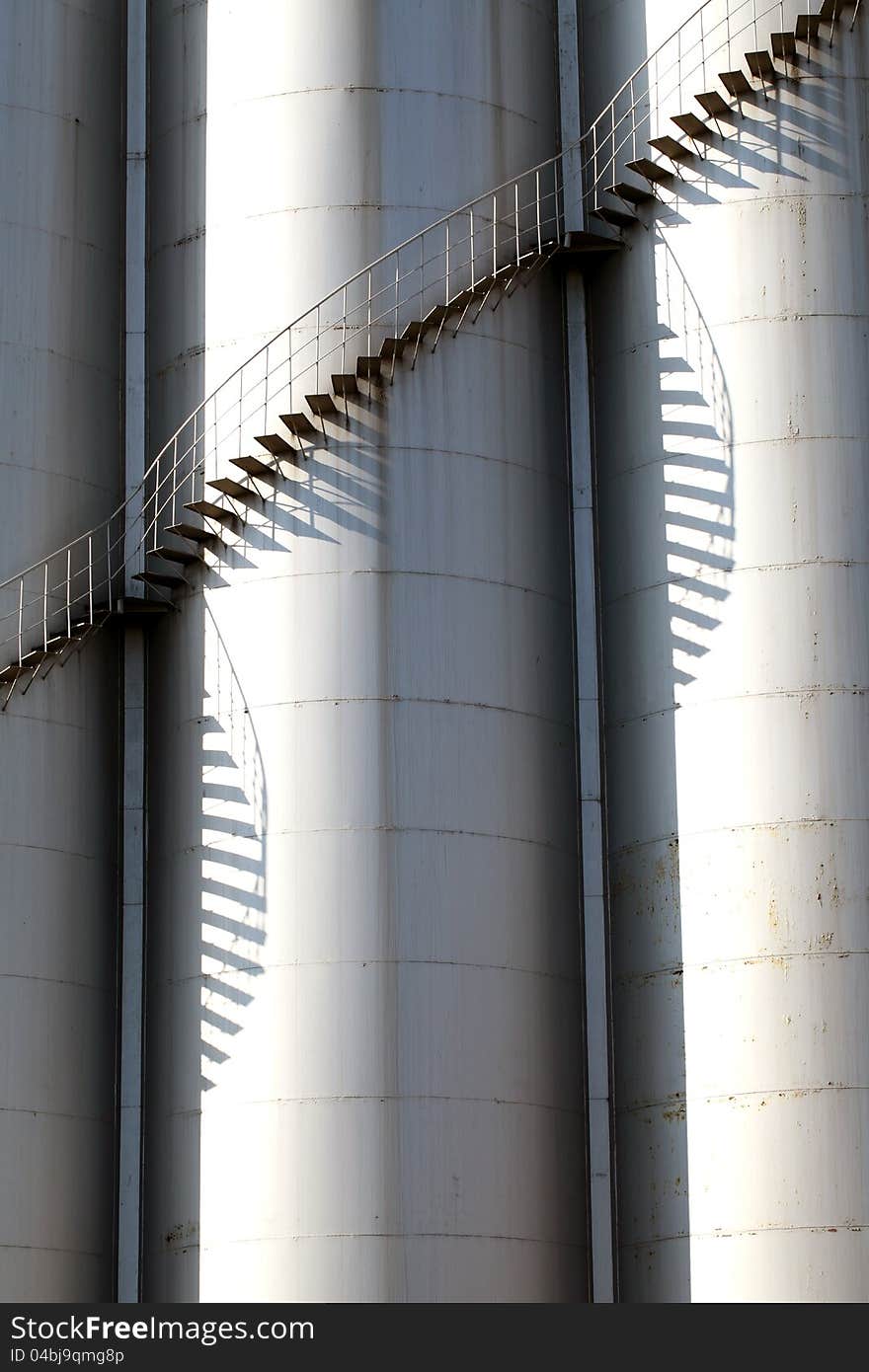 Close up of steel silo with stairs. Close up of steel silo with stairs