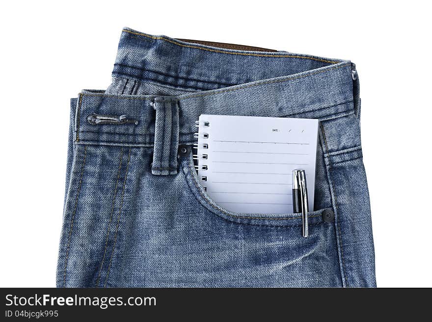 New Blue jeans trouser and notepad isolated on the white background