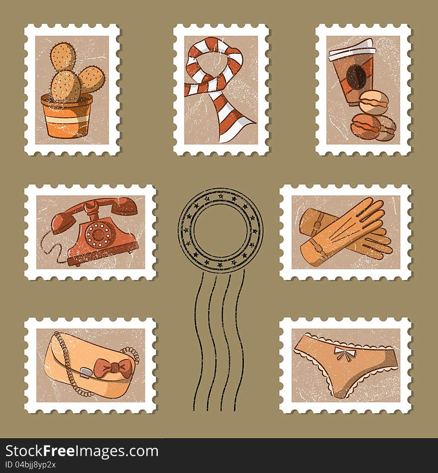 Cute stamp and postmark collection in vintage style. Cute stamp and postmark collection in vintage style