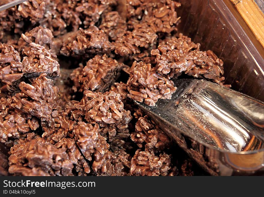 Chocolate delicacies with nuts in a shop