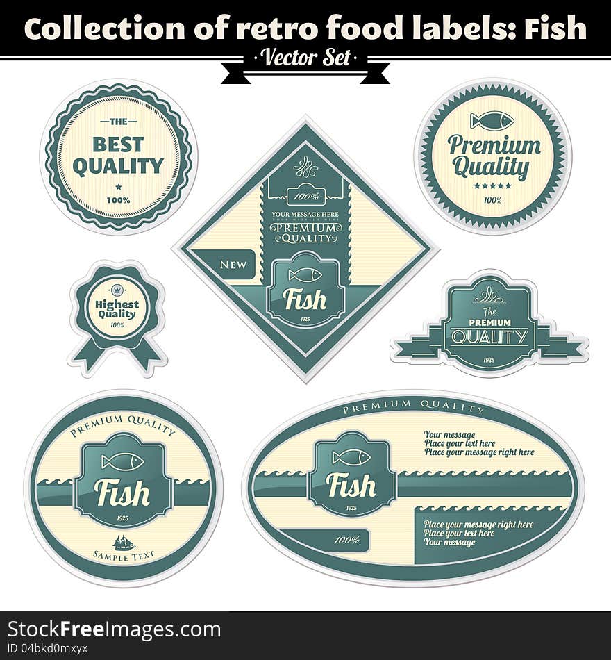 Collection Of Vintage Retro Grunge Food Labels. Fish. Collection Of Vintage Retro Grunge Food Labels. Fish