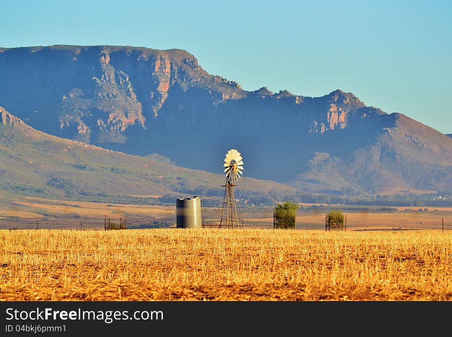 Landscape with water pump windmill on cattle farm westerncape south africa