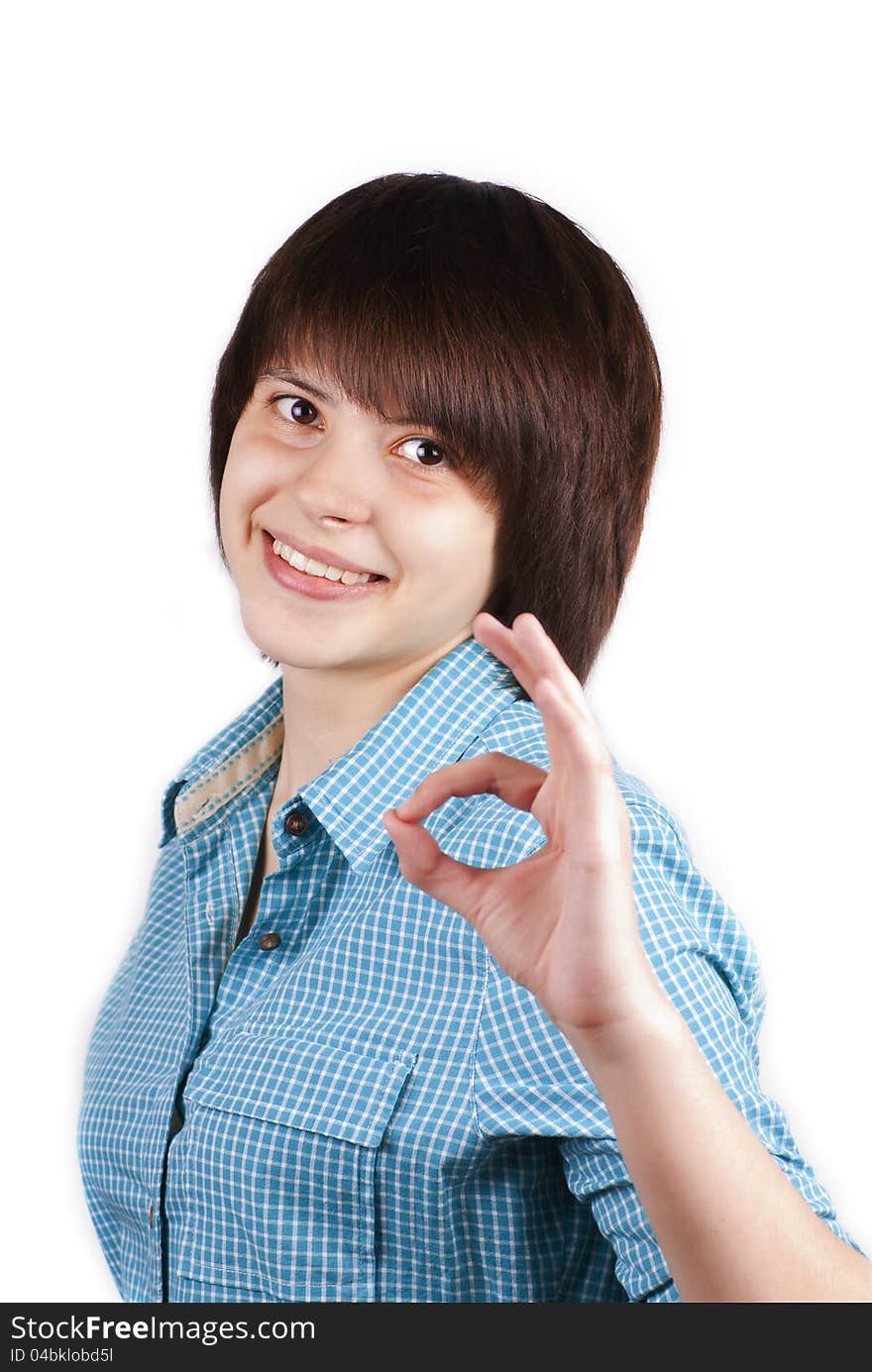 Young Happy Woman Showing Ok Sign Isolated