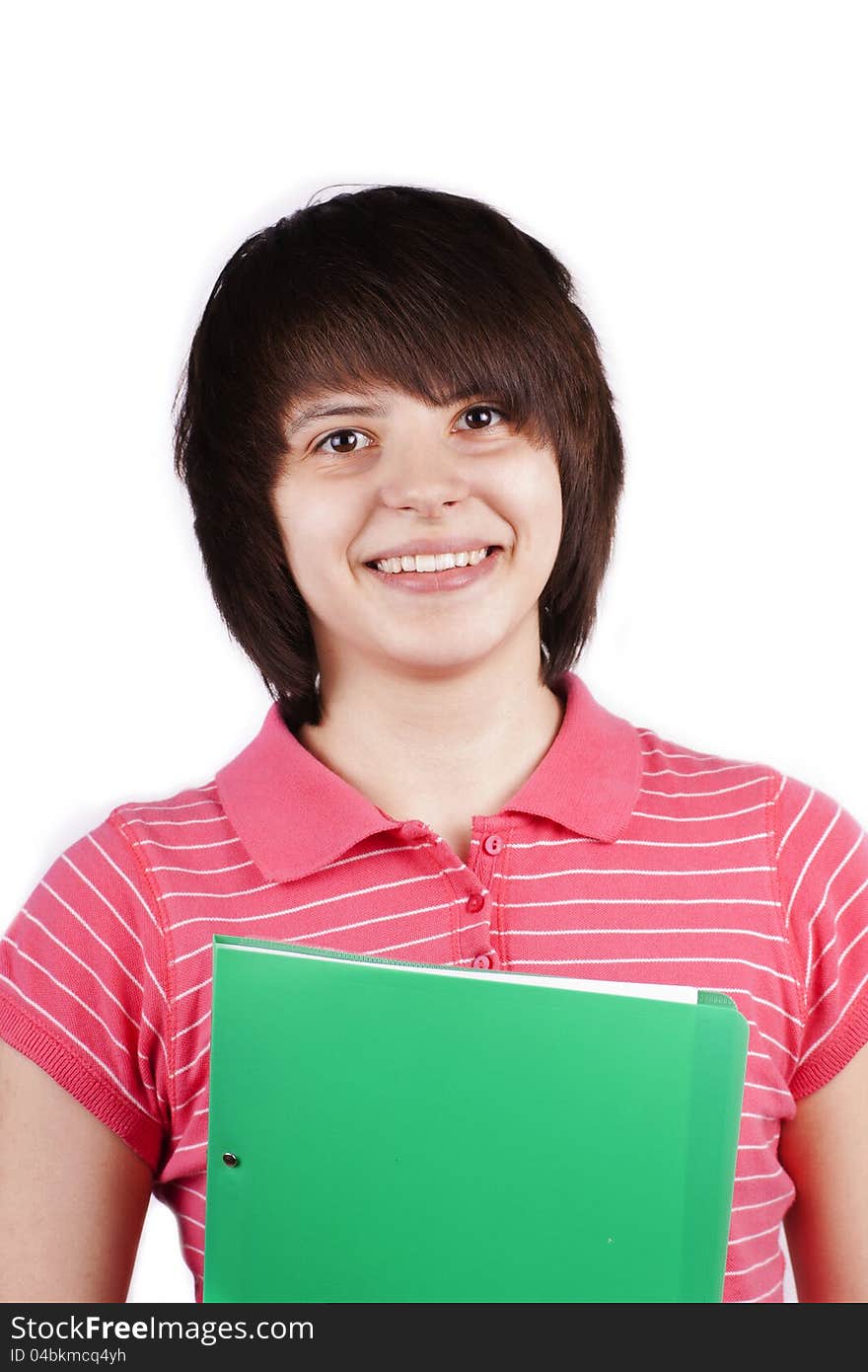 Happy teenager portrait isolated on white background, student with folder. Happy teenager portrait isolated on white background, student with folder